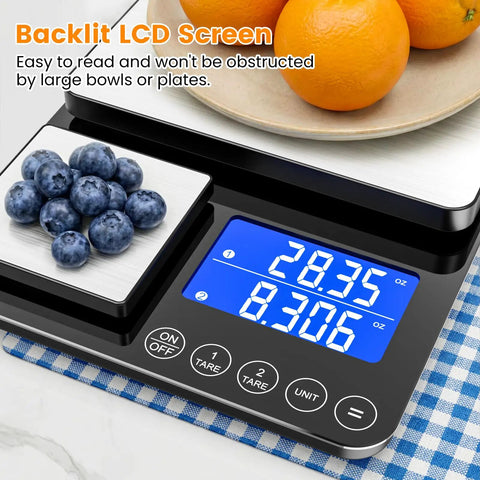 Two-In-One Dual Platform Kitchen Scale With 33 Lb Large Platform And 1.1 Lb Small Platform showing blueberries on scale