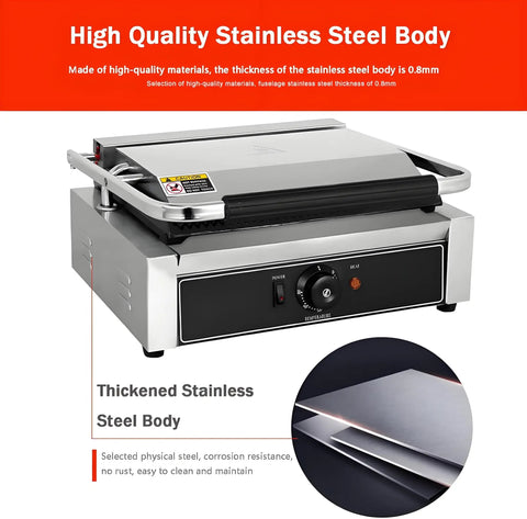 Judyssy Electric Panini Grill And Sandwich Press With Non Stick Plates, showing stainless steel body and adjustable temperature dial.
