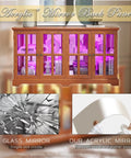 59 Inch LED Curio Cabinet With Seven Color Lights, glass doors, dark oak finish, showcasing acrylic mirror back panel advantages.