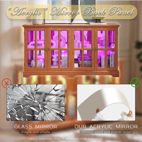 59 Inch LED Curio Cabinet With Seven Color Lights, glass doors, dark oak finish, showcasing acrylic mirror back panel advantages.