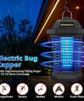 Outdoor Bug Zapper And Mosquito Killer For Patio And Backyard, 4200V Electric Fly Trap With Blue Violet Light hanging outside