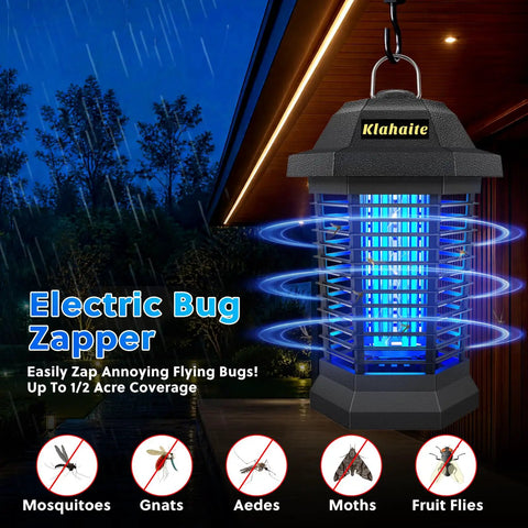 Outdoor Bug Zapper And Mosquito Killer For Patio And Backyard, 4200V Electric Fly Trap With Blue Violet Light hanging outside