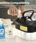 Powerful 1500W Portable Steam Cleaner with 1.2L Tank shown with cleaning additives, ideal for grimy surfaces care.