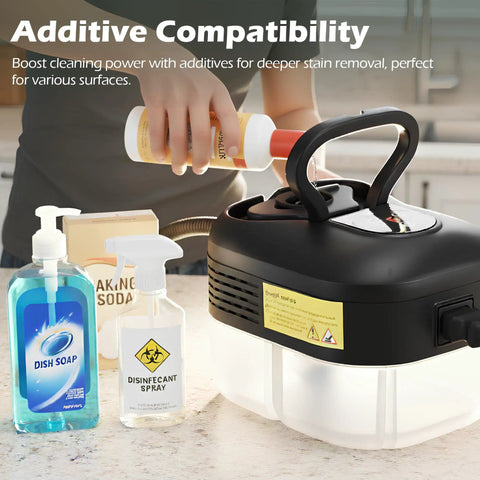 Powerful 1500W Portable Steam Cleaner with 1.2L Tank shown with cleaning additives, ideal for grimy surfaces care.
