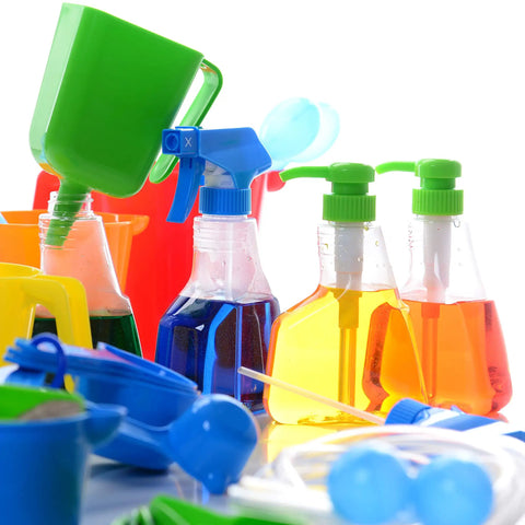 Measure And Pour Water Play Kit For Kids 34 Piece Preschool Science Set with colorful jugs, spray bottles, and utensils on table