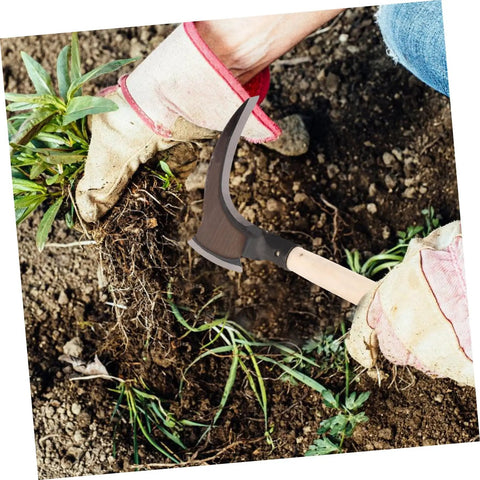 Using Do-It-All Manganese Sickle Garden Tool With Detachable Handle For Easy Weeding And Harvesting in soil, rugged work