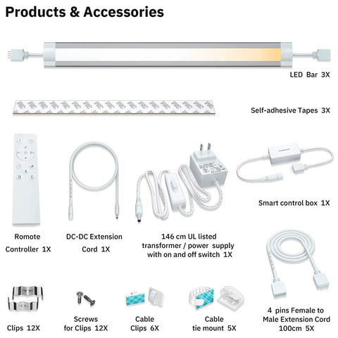 LED Under Cabinet Lighting Kit With Remote Control Dimmable And Color Temperature Adjustable From 2700K To 6500K Easy Install No Fuss For Kitchen Cabinets Pantry Shelves Workbench Hallway Six Bar Kit showing bars, remote, cords, and accessories.