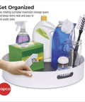 18 Inch Lazy Susan Rotating Turntable Featuring Super Grippy Non Skid Base Spins Smooth for organizing cleaning supplies under sinks.