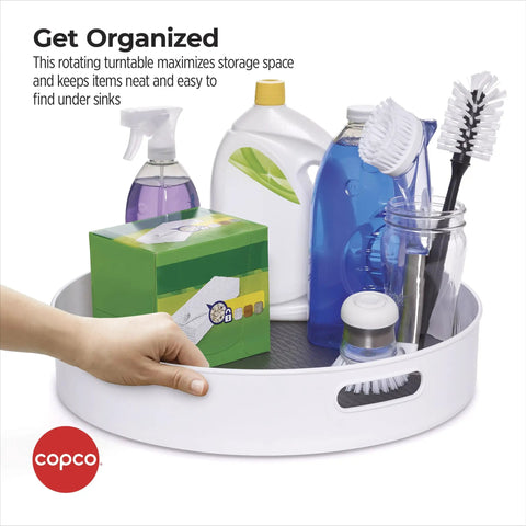 18 Inch Lazy Susan Rotating Turntable Featuring Super Grippy Non Skid Base Spins Smooth for organizing cleaning supplies under sinks.