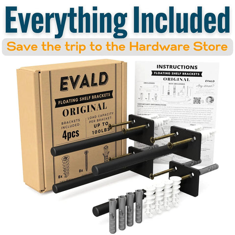 6 Inch Floating Shelf Bracket Set With Hidden Supports And Screws for easy install, box and complete hardware set visible