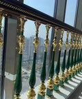 Top Shelf Aluminum Baluster Spindles With 270 Degree Tilt Bracket For Adjustable Stair Railing Decks And Patios Heavy Duty Guard Posts Quick Floor Mount 15 Pack 37 Inch Tall with green and gold finish.