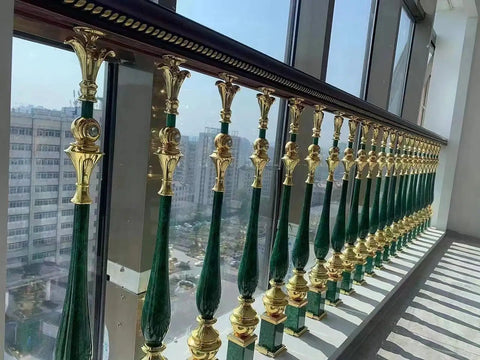 Top Shelf Aluminum Baluster Spindles With 270 Degree Tilt Bracket For Adjustable Stair Railing Decks And Patios Heavy Duty Guard Posts Quick Floor Mount 15 Pack 37 Inch Tall with green and gold finish.