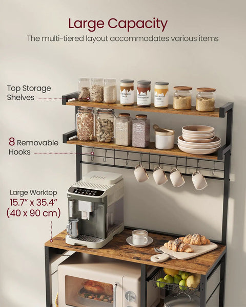 Top Tier Metal Baker Rack With Microwave Stand Rock Solid Kitchen Storage Shelf Featuring Eight Heavy Duty Hooks And A Roomy Wire Basket Super Convenient For Everyday Cooking And Coffee Bars