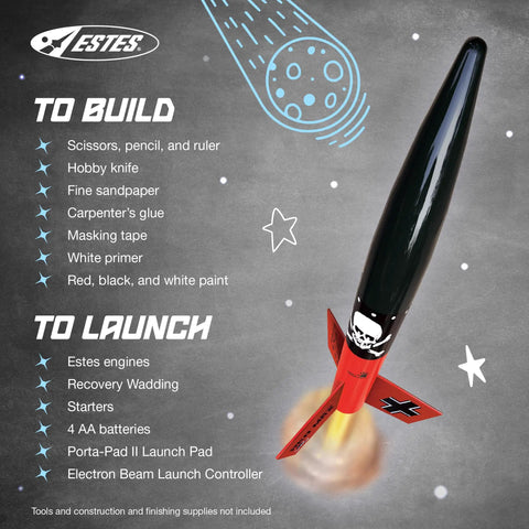 Der Red Max Rocket Building Kit with red fins launching, illustrating included tools and supplies for intermediate enthusiasts.