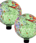 Green Artistic Glass Gazing Ball Globe Set Of Two, 10 Inch Garden Decor Orbs, colorful patterned design.