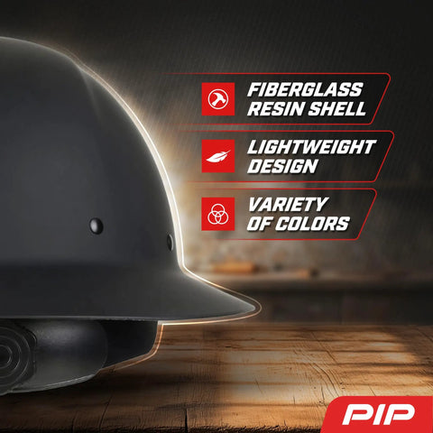 WolfJaw Fiberglass Full Brim Hard Hat with Wheel Ratchet, black, highlighting fiberglass, lightweight design, and color variety.