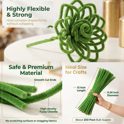 Chenille Stem Pipe Cleaners Bulk Pack About 200 Pieces, 12 Inch Length, 0.24 Inch Diameter, Ideal For DIY Crafts, Festival Decor, Floral Arrangements, Wreath Making, Bendable Twisty Stems For Adults Projects. Green chenille stems shown bent, cut, and bundled