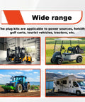 Four images showcasing Heavy Duty Anderson Connectors 50A Red Quick Connect Kit used on forklifts, golf carts, tractors, and RVs.