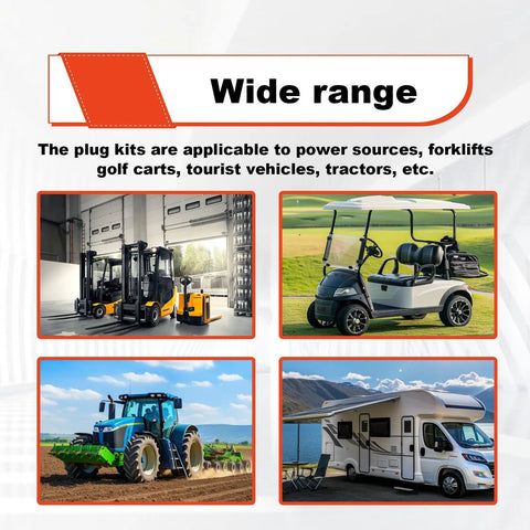 Four images showcasing Heavy Duty Anderson Connectors 50A Red Quick Connect Kit used on forklifts, golf carts, tractors, and RVs.