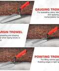 Three Piece Masonry Tools Set Featuring Seven Inch Gauging Trowel, Six Inch Margin Trowel, Five And A Half Inch Pointing Trowel