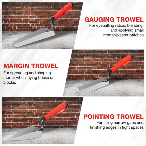 Three Piece Masonry Tools Set Featuring Seven Inch Gauging Trowel, Six Inch Margin Trowel, Five And A Half Inch Pointing Trowel
