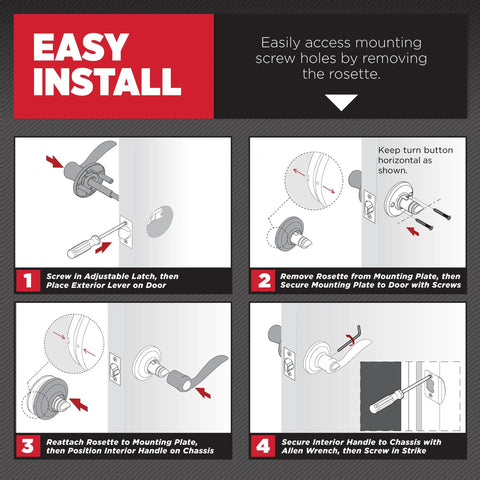 Installation guide for Tustin No-Lock Interior Passage Door Lever for Closet and Hallway Doors in four illustrated steps.