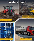 Collage showing uses of hydraulic systems: tractor in agriculture, excavator in engineering, fluid transport truck, industrial machinery