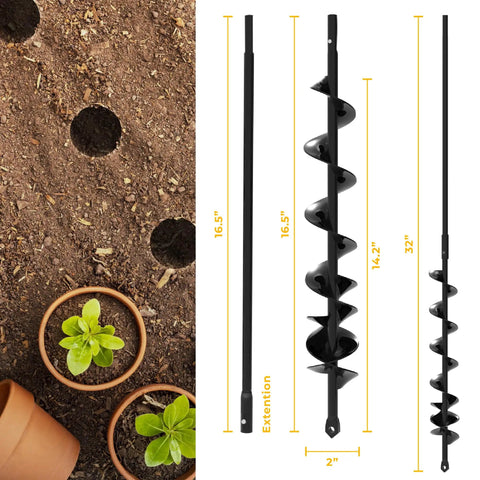 All Purpose Auger Drill Bit Set For Quick Planting And Hole Digging Two Inch By Thirty Two Inch With Extension Spiral Hole Planter For Bulbs Fence Posts And Umbrella Holes Three Eighth Inch Hex Drive Easy Garden Yard Tool, showing dimensions and garden application.
