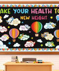 Hot Air Balloon Healthy Bulletin Board Set For Classroom Decor with colorful cutouts and borders displayed on chalkboard wall