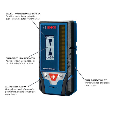 LR8 165 Ft Red And Green Beam Line Laser Receiver With Mounting Bracket, backlit LCD and dual-sided LED indicator.