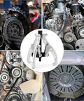 Collage showing Beefy 3 Inch Gear Puller with 3 reversible jaws in use on car and machinery parts