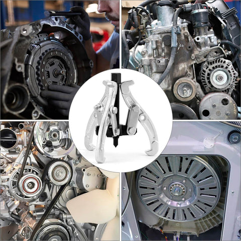 Collage showing Beefy 3 Inch Gear Puller with 3 reversible jaws in use on car and machinery parts