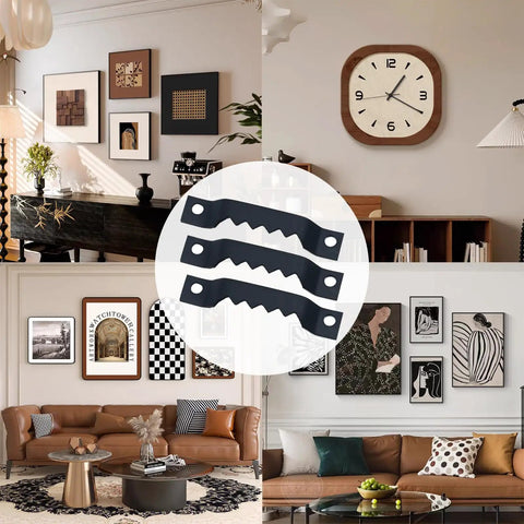 Top Shelf Heavy Duty Black Sawtooth Picture Hangers Supports 20 Lbs Rust Resistant Steel Wall Mount Hook Set 100 Pc Pack displayed in a home gallery.
