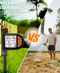 Plug And Play Programmable Sprinkler Timer For Garden Hose With Rain Delay And Manual Watering Child Lock Outdoor Weatherproof Automatic Irrigation System For Yard Lawn Pool Garden, showing comparison with manual watering