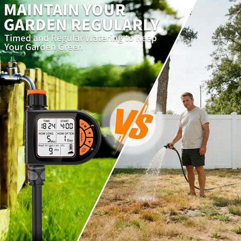Plug And Play Programmable Sprinkler Timer For Garden Hose With Rain Delay And Manual Watering Child Lock Outdoor Weatherproof Automatic Irrigation System For Yard Lawn Pool Garden, showing comparison with manual watering