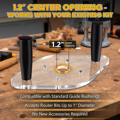 Premium Dual Handle Router Base Plate Compatible With DeWalt DWP611 And DCW600B Compact Routers showing 1.2" center opening and clear acrylic design.