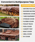 Heavy Duty 16 Mil 10x20 Foot Waterproof Poly Tarp With Brass Grommets And Reinforced Edges covering wood, car, and bricks
