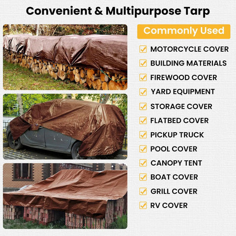 Heavy Duty 16 Mil 10x20 Foot Waterproof Poly Tarp With Brass Grommets And Reinforced Edges covering wood, car, and bricks