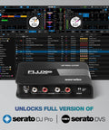 Pocket Sized USB C DVS Audio Interface For Serato DJ Pro With 24 Bit 96 kHz Pro Grade Sound Ultra Low Latency On The Go 2 Channel 4x4 In Out Headphone Jack Turns Any Mixer Into A DVS System displayed with Serato software screen