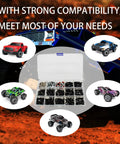 Image of a screw kit with various RC car models displayed around, compatible with the All In One RC Car Repair Stand With 360 Degree Rotation