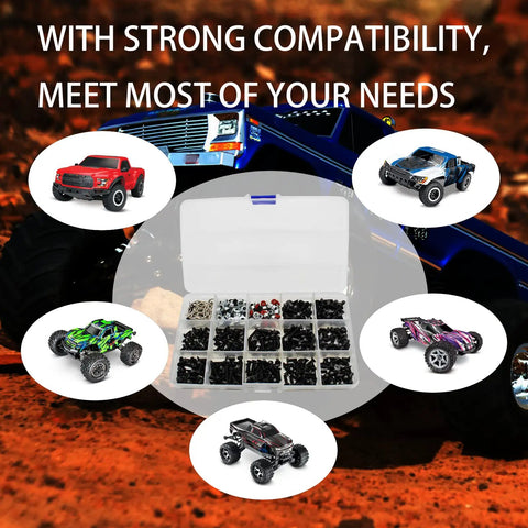 Image of a screw kit with various RC car models displayed around, compatible with the All In One RC Car Repair Stand With 360 Degree Rotation