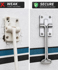 Comparison of weak and secure RV door latches. Door Holder Reinforcement Kit For Wind Slam Prevention On RV Doors And Storage Compartments Heavy Duty Latch And Catch To Stop Slams Prevent Screw Pull Out And Fortify Entry And Cabinet Doors