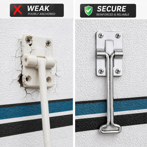 Comparison of weak and secure RV door latches. Door Holder Reinforcement Kit For Wind Slam Prevention On RV Doors And Storage Compartments Heavy Duty Latch And Catch To Stop Slams Prevent Screw Pull Out And Fortify Entry And Cabinet Doors