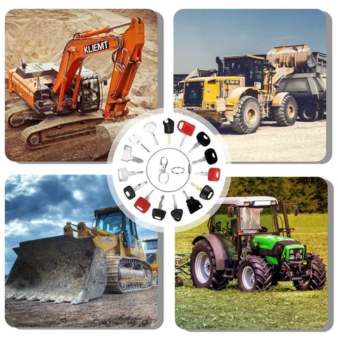Collage of industrial machines and 24 Piece Heavy Duty Equipment Keys Set For Industrial And Commercial Machines Universal Replacement Keys In Durable Steel With Easy Identification And Quick Access To Ignition And Locks.