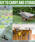 15 Inch Wide Bow Rake With 16 Steel Tines And Stainless Steel Handle for soil and lawn care displayed with tools and wheelbarrow