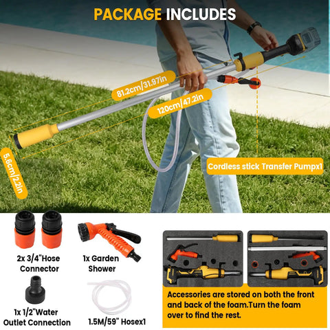 No Brainer Heavy Duty Cordless Stick Water Transfer Pump With Brushless Motor For Fast Pool And Pond Draining 723 GPH Utility Sump Kit With Solid Three Quarter Inch Outlet with package contents and dimensions shown.