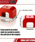 Front and side view of red cast horseshoe magnet with silver base; 45x30x23 mm.