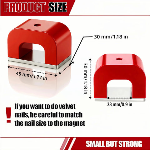 Front and side view of red cast horseshoe magnet with silver base; 45x30x23 mm.