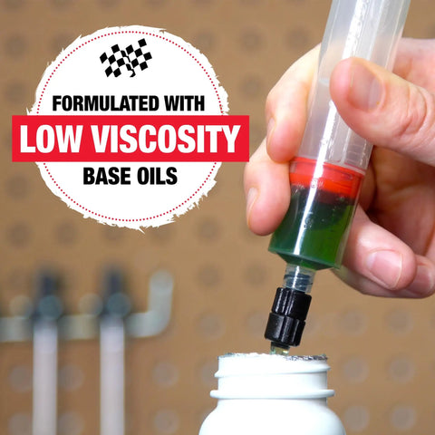 Mineral Oil Bicycle Brake Fluid bottle with syringe, emphasizing low viscosity for hydraulic disc brakes, bike maintenance.