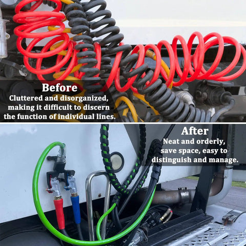 Comparison of cluttered air lines and organized 12ft 3 In 1 ABS Power Air Line Hose With Glad Hands and 4 Glad Hand Seals for trucks